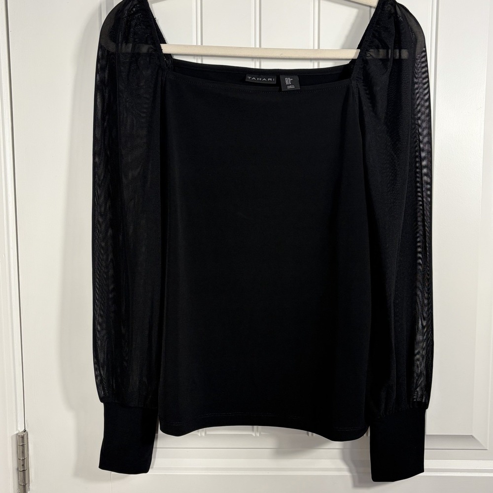 Tahari Black Sheer Mesh Puff Sleeve Square Neck Top Women's Medium